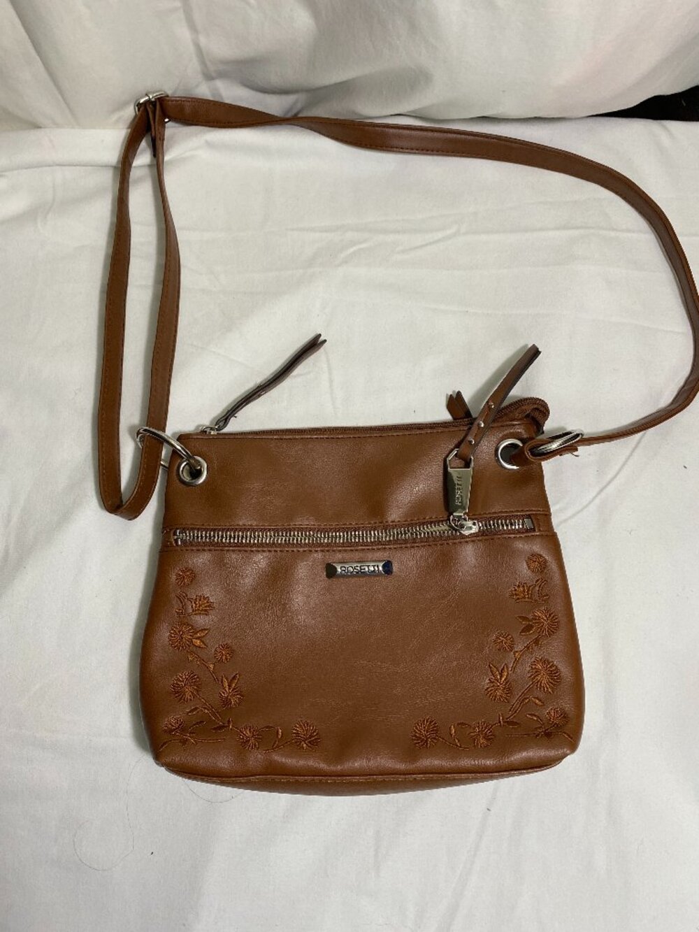 Rosetti Brown Floral Embroidered Crossbody Shoulder Bag Faux Leather Zip Top